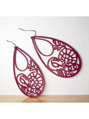 Large Pink Floral Teardrop Dangle Earrings Laser Cut Metal Retro 90s